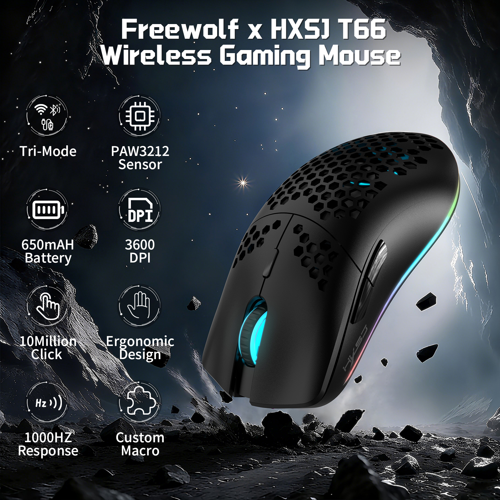 Amazon.com: FREEWOLF X HXSJ T66 Wireless Gaming Mouse Tri-Mode
